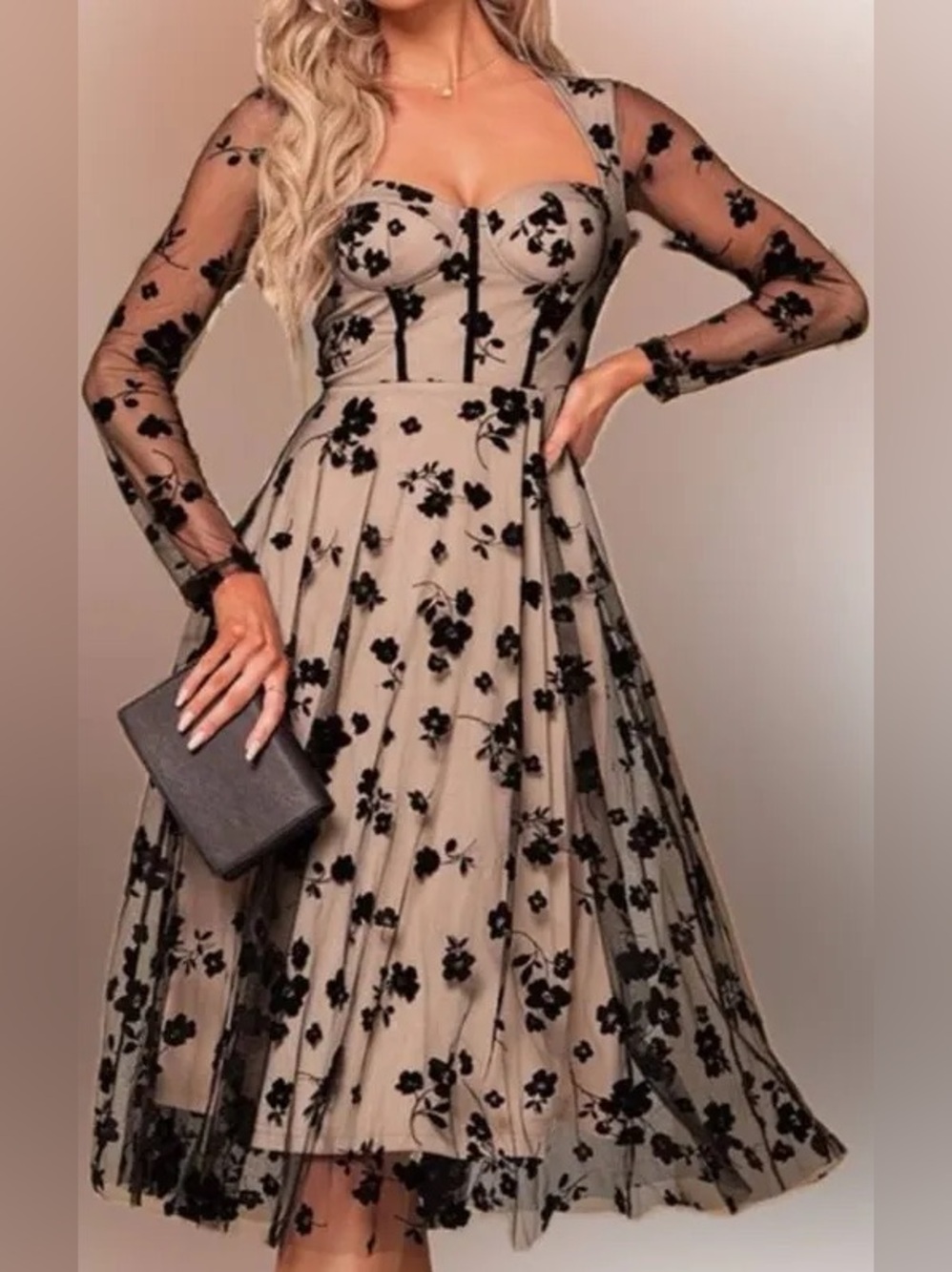 JJs House Black Floral Appliqué Midi Dress on Nude (Size XL)